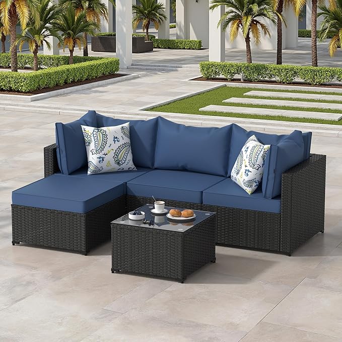 Patio Furniture Set, 5PCS Patio Sectional with Ottoman Wicker Rattan Outdoor Furniture with Thickened Cushion Modular Wicker Patio Conversation Set with Glass Top Table for Balcony, Backyard (Blue)