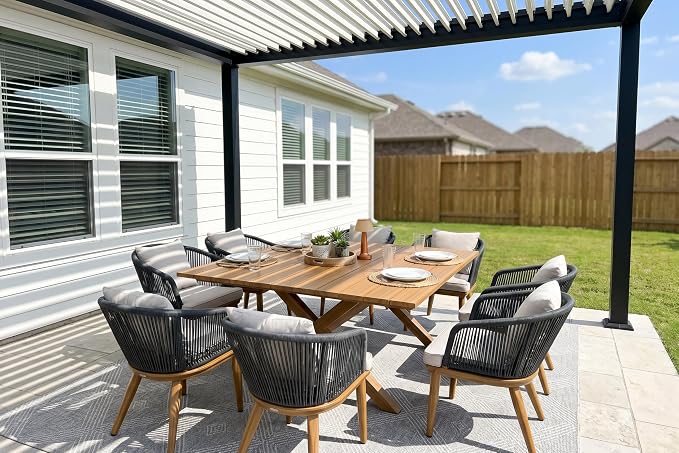 PURPLE LEAF 9 Pieces Outdoor Metal Furniture Set Patio Conversation Sets Wood Pattern Dining Set, 1 Dining Table and 8 Modern Chairs with Cushions Seat