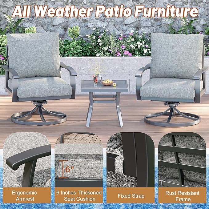 HOMREST Outdoor Swivel Rocker Patio Chairs with Coffee Table 3 PCS Bistro Set, 360 Degree Swivel Rocking Chair Patio Conversation Set with Thickened Cushions for Garden, Deck and Poolside