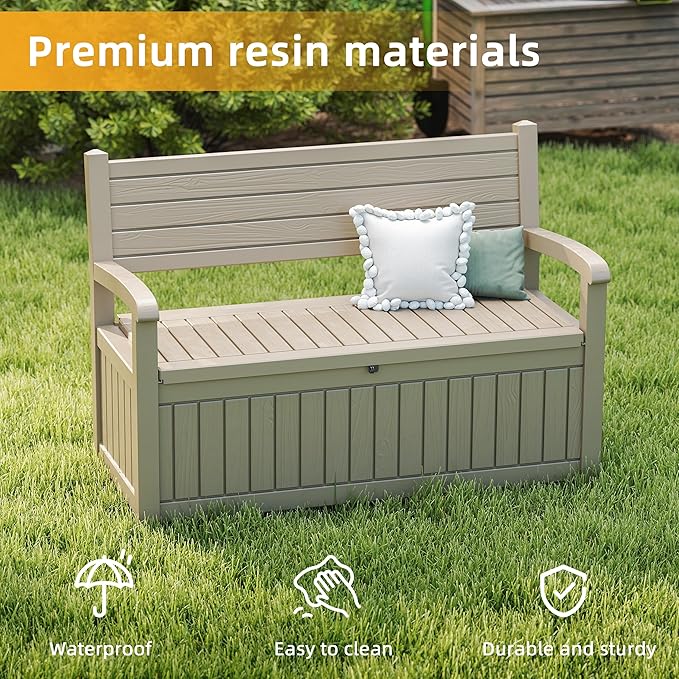 ROJIK 80 Gallon Storage Bench Deck Box Outdoor with Armrests,Wood Grain Style Resin Storage Furniture Waterproof Lockable for Porch Patio and Garden,Sturdy and Durable, Grey