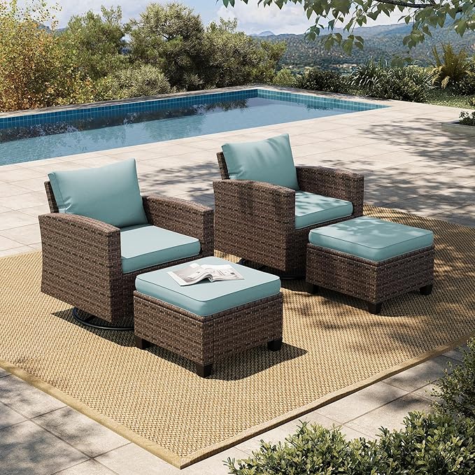 HERA'S HOUSE Patio Wicker Chairs Outdoor Swivel Rocker Chairs Set with Ottomans, 4 Piece Patio Seating Furniture Conversation Sets for Lawn Deck Porch Pool, Brown/Blue