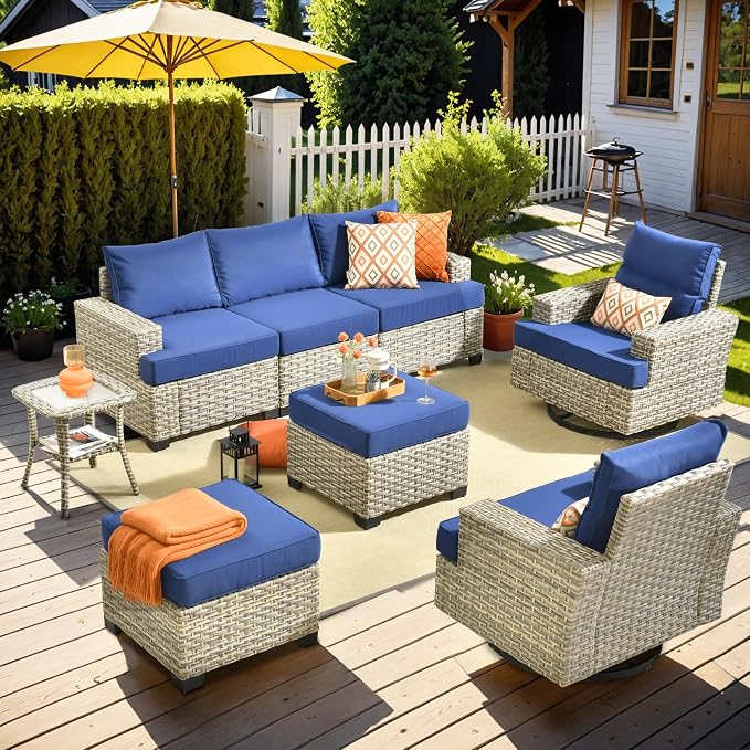 Patio Outdoor Furniture Set - All Weather Wicker Modular Sectional Sofa Couch,Patio Seating Outdoor Conversation Sets for Deck Yard Garden (Navy Blue, 8 Pcs w/Swivel Glider)