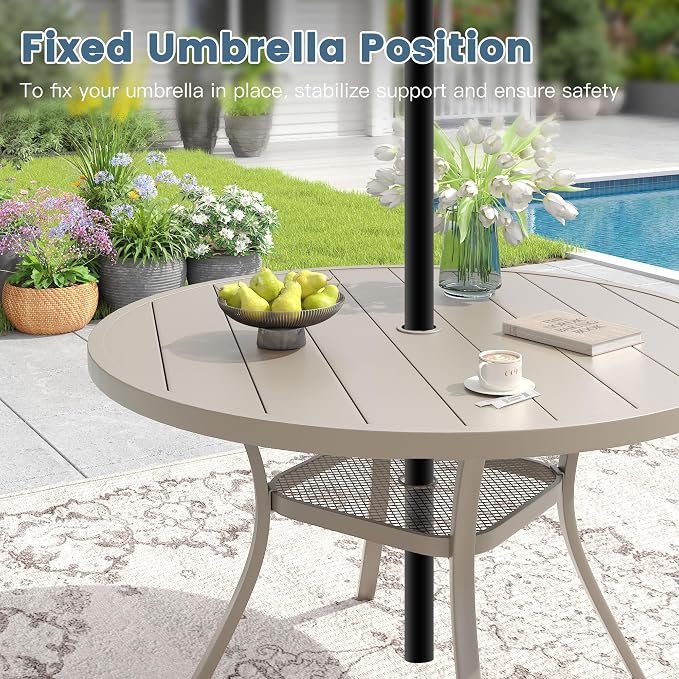 DIFY 7 Piece Outdoor Patio Dining Set for 6, Patio Table and Chairs Set with Umbrella Hole, 47.2" Round Dining Table and Stackable Metal Chairs for Backyard Garden Poolside, Sandshell