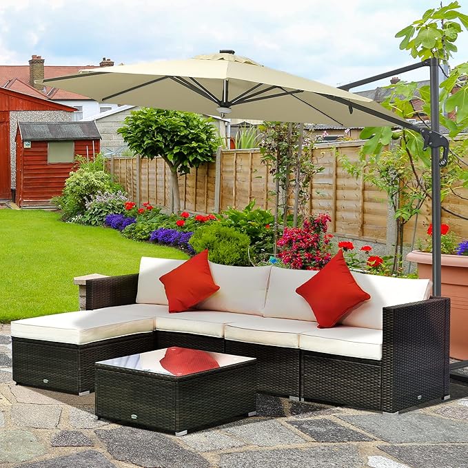 Outsunny 6 Piece Patio Furniture Set Outdoor Wicker Conversation Set All Weather PE Rattan Sectional Sofa Set with Ottoman, Cushions and Tempered Glass Table, Mixed Brown and Cream White