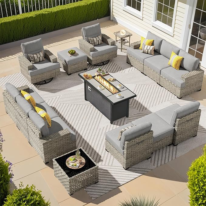 15-Piece Outdoor Sectional Sofa Set w/ 54" Fire Pit – L-Shaped Wicker Patio Furniture, Deep Seating & Swivel Rockers, Dark Gray