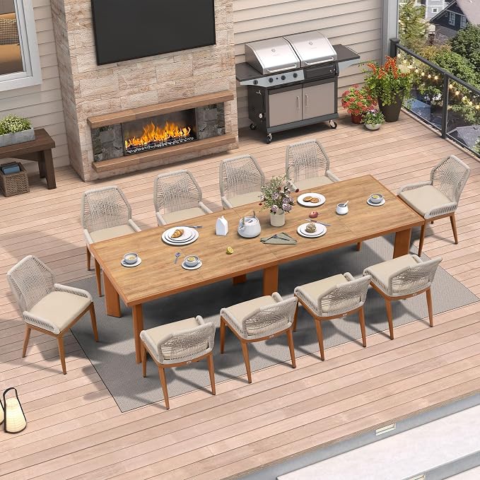 PURPLE LEAF 11 Pieces Dining Set Patio Metal Rectangular Table and Wicker Rattan Chairs for Outside Porch Garden Kitchen Modern Outdoor Furniture Sets