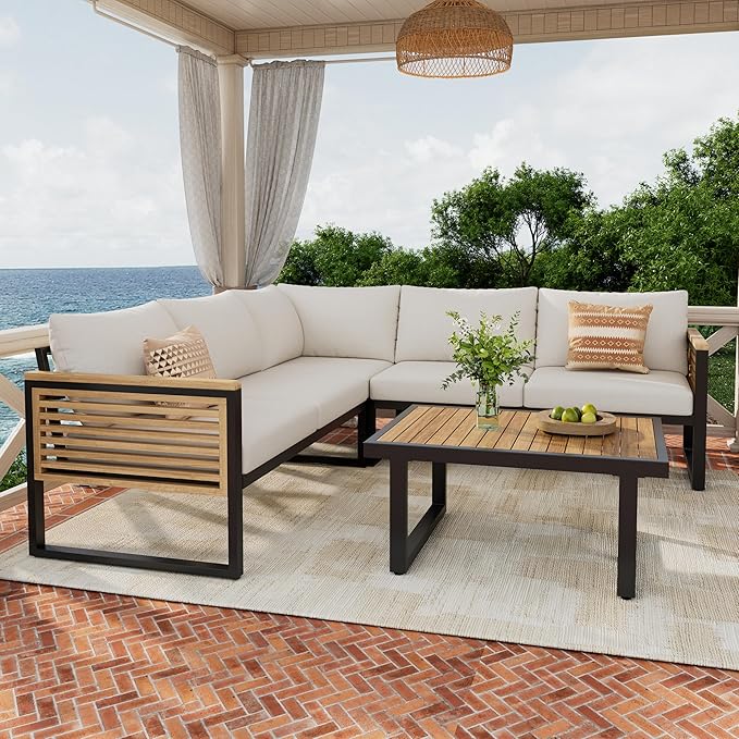 Christopher Knight Home Gevin 5-Seater Acacia Wood Metal Patio Furniture Set, Outdoor Sectional Conversation Club Chair Sofa Corner Chat Set with Coffee Table for Backyard or Balcony, Teak+Beige+Black