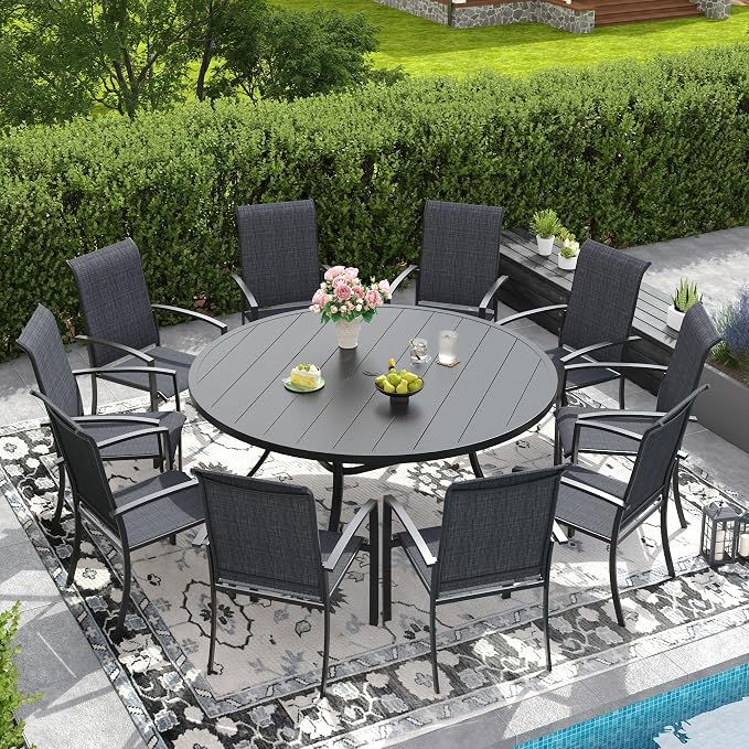 DIFY 11 Pieces Outdoor Dining Set for 10, 60" Round Dining Table with Umbrella Hole and Textilene Stackable Patio Chairs, Metal Patio Table and Chairs Set for Garden Backyard Poolside, Black