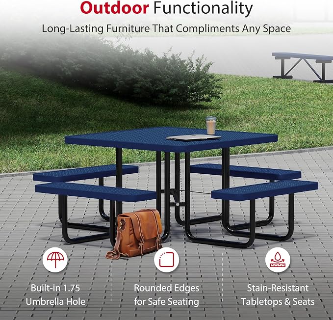 Leisure Craft Metal Picnic Table with Bench - 46" Square Outdoor Dining Table for 8 with Umbrella Hole, Weatherproof Heavy Duty Thermoplastic Coating, Commercial Grade Furniture Made in USA - Navy