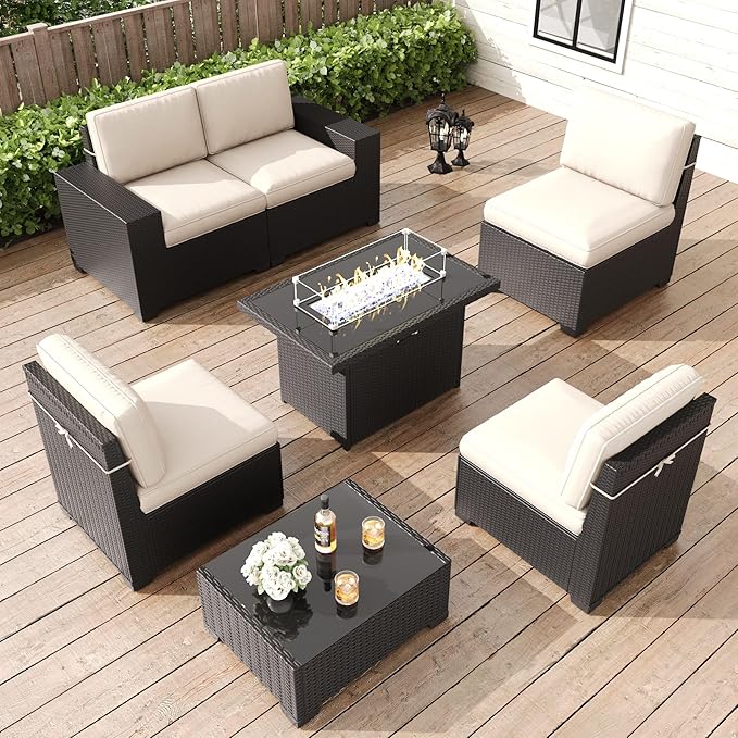 LayinSun 7 Pieces Patio Furniture Set with Fire Pit Table, Black Rattan Modular Sectional Patio Conversation Sofa Set