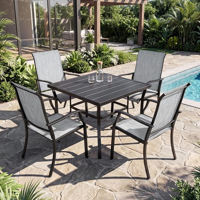 NUU GARDEN 5-Piece Patio Dining Set with Umbrella Hole, All Weather Outdoor Dining Set with 4 Textilene Chairs, 1 Square Table, Patio Table and Chair Set for Backyard Garden Poolside, Gray and Black