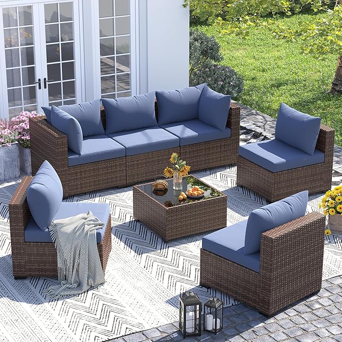 UDPATIO Patio Furniture Set Modular Outdoor Sectional 7 Piece Wicker Patio Set, Multiple Combinations Sectional Sofa w/Coffee Table, Navy Blue