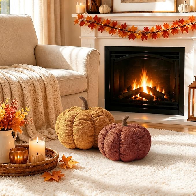 AELS Pumpkin Pillows Set of 2, 14" Burnt Orange & Cinnamon Fall Pillows | for Couch Sofa Bed Living Room Home Decor, Farmhouse Textured 3D Fall Halloween Thanksgiving Decorative Accent Pillows