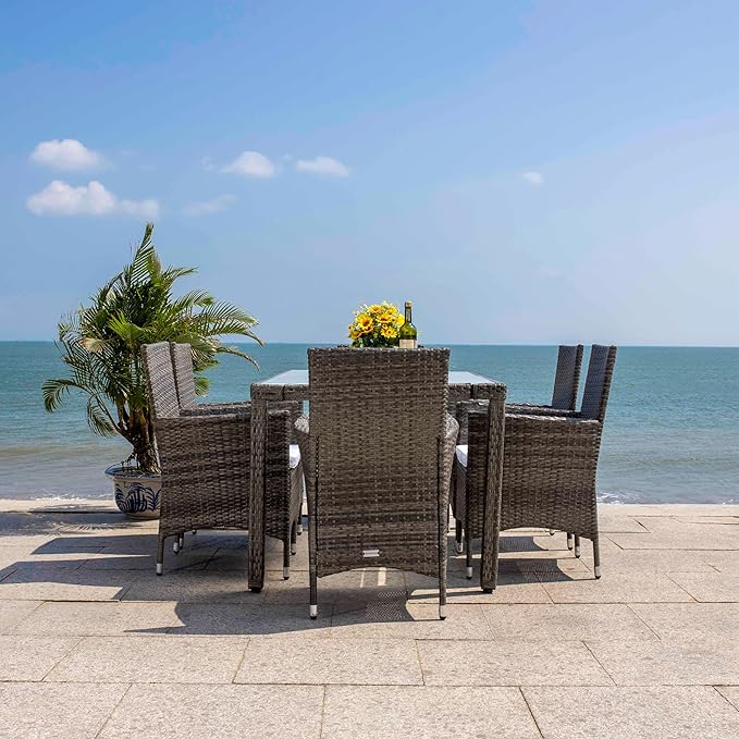 SAFAVIEH Outdoor Collection Ashwin Natural/White Cushion Faux Rattan Dining Set