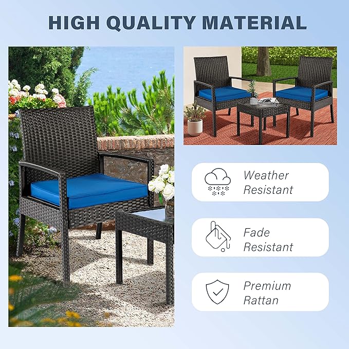 3 Piece Outdoor Patio Furniture Sets, Rattan Conversation Set with Soft Cushion, Wicker Chairs with Coffee Table for Yard Backyard Lawn Porch Poolside Balcony, Blue