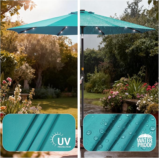 9ft Patio Umbrella Outdoor with Solar Lights,32 LED Lighted Table Market Umbrella with Tilt and Crank, 2-Year-Non-Fading, 8 Sturdy Ribs,for Pool, Deck, Garden,Backyard