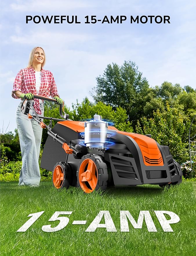 Aspiron 16” Artificial Turf Vacuum, 2000w Grass Sweeper 15 Amp Lawn Sweeper Yard Power Brush with 55L Removable Leaf Collection Bag, Quick-Fold, Keeps Clear Sweepy Box, Aurantious