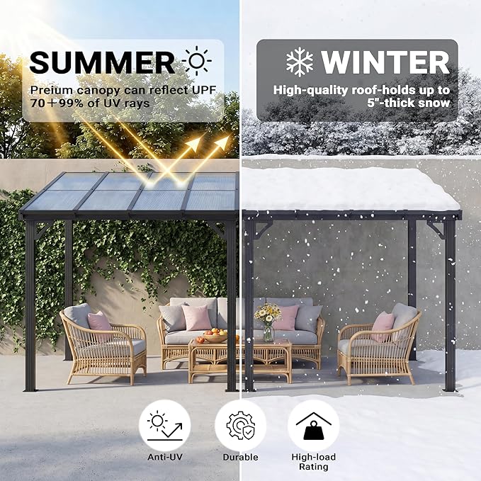 AirWire 10x16 FT Gazebo, Pergola Awnings for Patio with Hardtop Gazebos on Clearance, Patio Covers for Shade and Rain, Lean to Gazebo Sunroom Patio Canopy Outdoor Pergolas for Patios, Decks, Backyard
