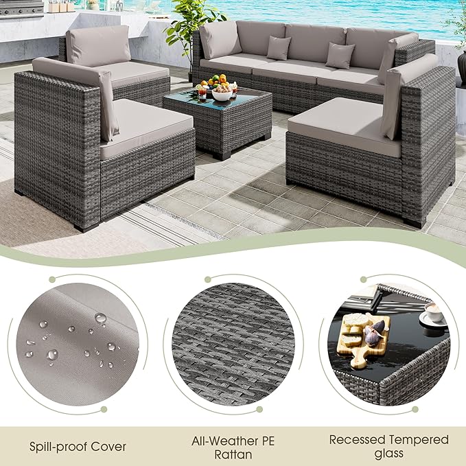 LHBcraft 7 Piece Patio Outdoor Furniture Set, Outdoor Sectional, All-Weather Hand-Woven Wicker Patio Sectional Sofa, Rattan Outside Furniture with Grey Cushion and Glass Coffee Table