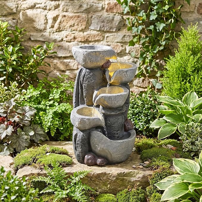 Giantex 5-Tier Outdoor Water Fountain with Lights, 17.5 Inch Cascading Bowls Tabletop Waterfall Fountain with Pump, Resin Garden Water Feature for Indoor Outdoor Patio, Yard, Porch Decor