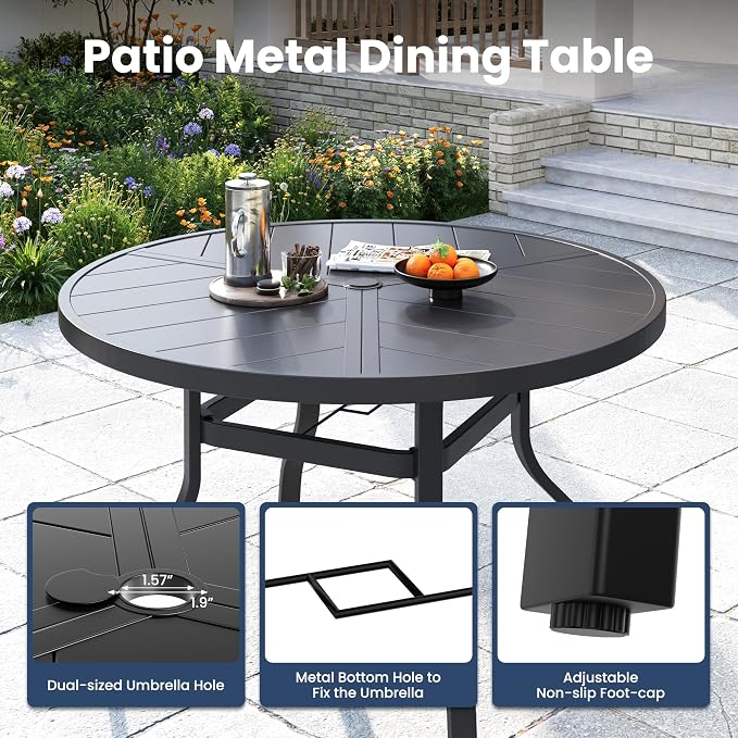 Amopatio 5 Pieces Patio Dining Set for 4, Outdoor Table and Chairs, 4 All Weather Stackable Patio Chairs, 39" Patio Spliced Round Table with Umbrella Hole, for Deck, Backyard, Garden,Brown
