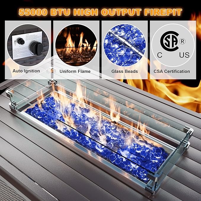 Patio Furniture Set with Fire Pit Table 8-Piece Outdoor Sectional Furniture Outdoor Rattan Patio Conversation Sets with 55,000 BTU Propane Gas Fire Pit Table and Glass Table, Sand