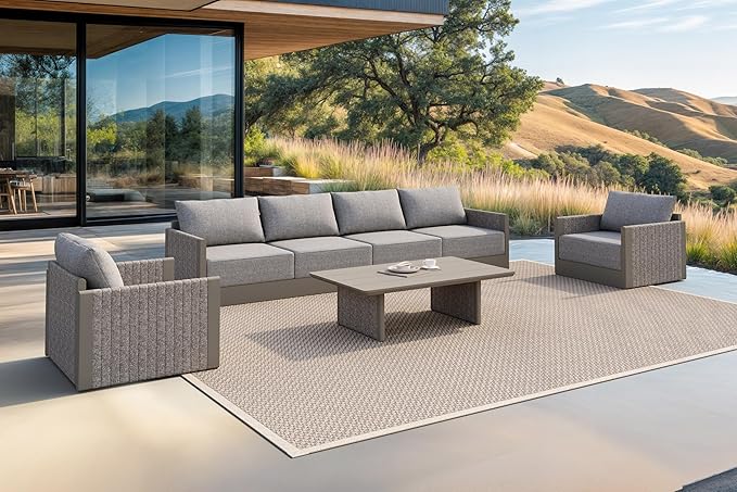 PURPLE LEAF Patio Furniture Set 7 Pieces Outdoor Conversation Sets PP Rope Patio Sofa with Cushions and Table Manual Weaving Deep Seating Furniture for Porch Lawn Backyard Beige