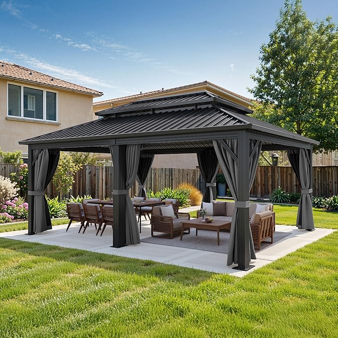 DWVO 12x20ft Gazebo Double Roof Hardtop with Nettings and Curtains, Heavy Duty Galvanized Steel Outdoor Vertical Stripes Roof for Patio, Backyard, Deck, Lawns, Grey