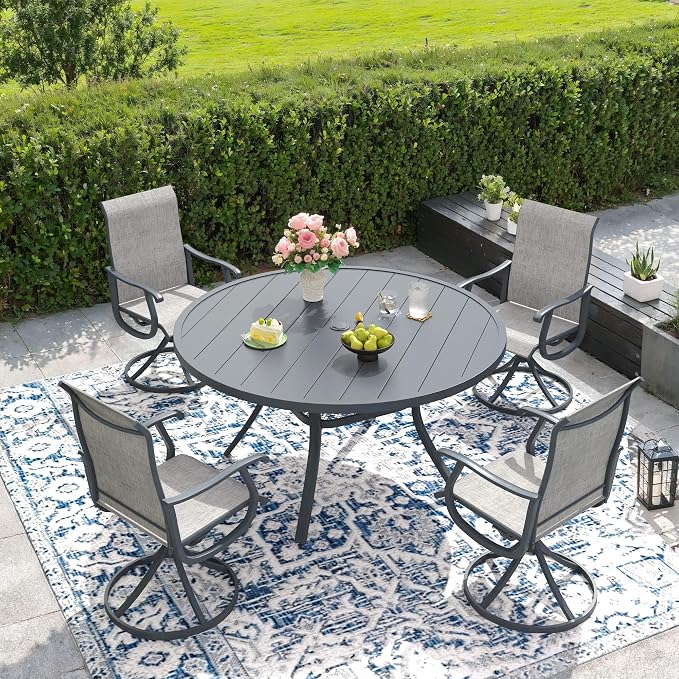 DIFY Outdoor Dining Set for 4, 5 Piece Patio Table and Chairs Set, Swivel Patio Dining Chairs with Textilene Fabric & 47.2" Round Metal Dining Table with Umbrella Hole, for Garden Backyard Deck, Grey
