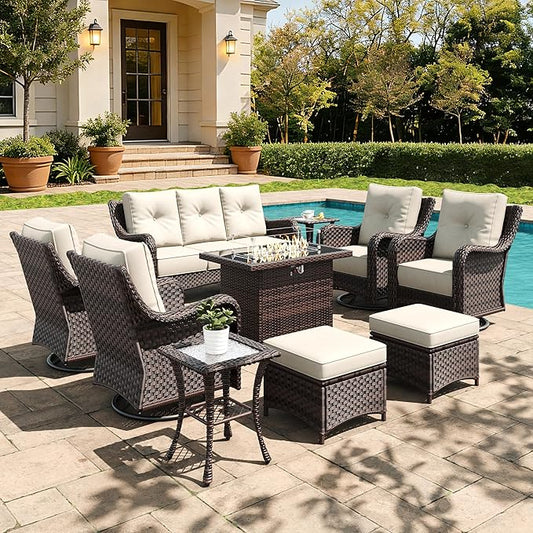 10 Pieces Outdoor Furniture Set with 6-inch Cushions, High Back Wicker Swivel Rocker Chairs with Fire Pit Table, Luxury Conversation Set for Deck Patio and Poolside