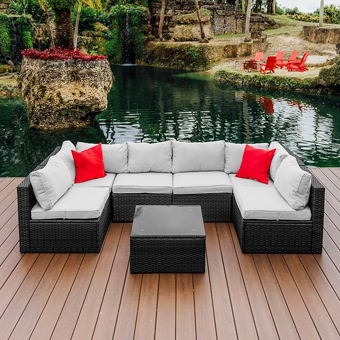 Nestl Patio Furniture Set 7 Piece Outdoor Conversation Set with Black Wicker Sectional and Off White Cushions