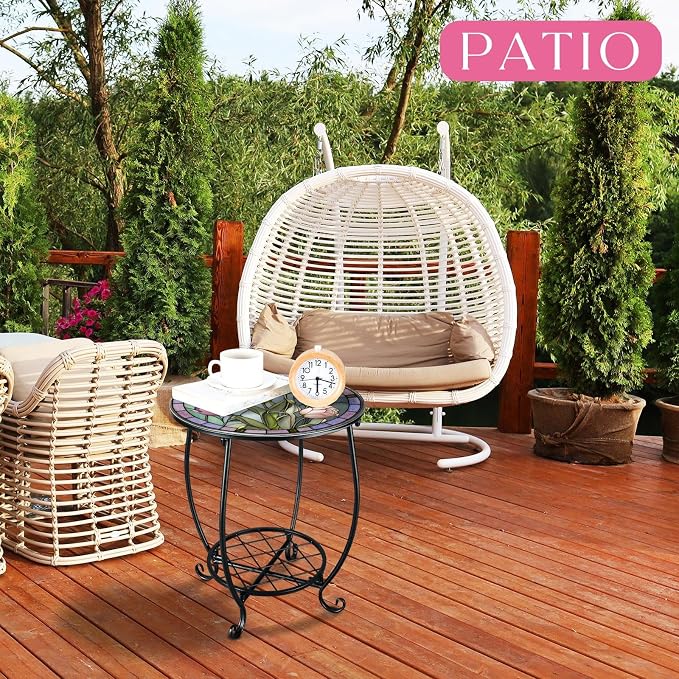 Cinnvoice Outdoor Side Table Round Small Mosaic Patio Accent Indoor End Plant Coffee Tea Table for Yard Patio Porch Garden Living Room, Bedroom(Tulip Style,14 Inch)