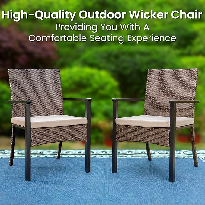 PHI VILLA 5pc Patio Dining Set with Umbrella, Square Table, Rattan Chairs | 37" Metal square dining table, cushioned wicker chairs, 10ft beige umbrella. Perfect for patio, deck, yard, porch.