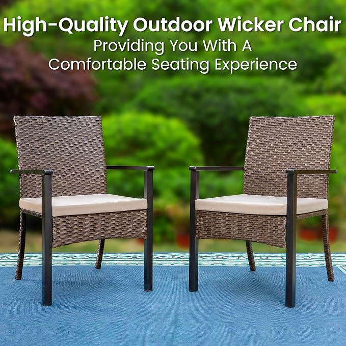 PHI VILLA 5 Piece Outdoor Dining Table Set for 4, 42” Round Steel Dining Table with Umbrella Hole & 4 Metal-Frame Wicker Chairs for Patio, Deck, Yard, Porch