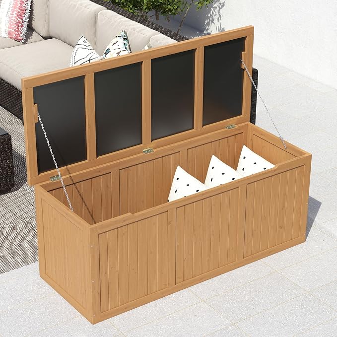 112 Gallon Outdoor Wooden Deck Box Solid Wood Storage Box Seat Table Top for Patio Furniture Cushions, Pool Toys Garden Tools