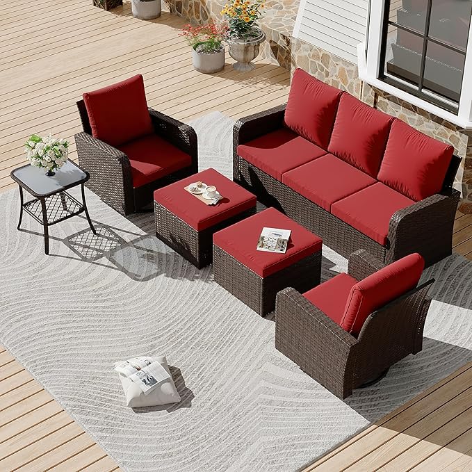 HOMREST 6 Piece Patio Conversation Sets with Sofa Couch, Rattan Wicker Swivel Chairs with 2 Ottoman, Coffee Table & Cushions, Outdoor Furniture Sets for Garden, Poolside, Backyard (Wine Red)