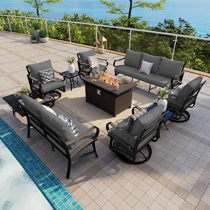 10-Piece Outdoor Furniture Set, Metal Swivel Rocking Chairs with All-Weather Cushions, Patio Conversation Set with Fire Pit Table for Deck, Porch, Garden, Backyard, Poolside (Gray Cushions)