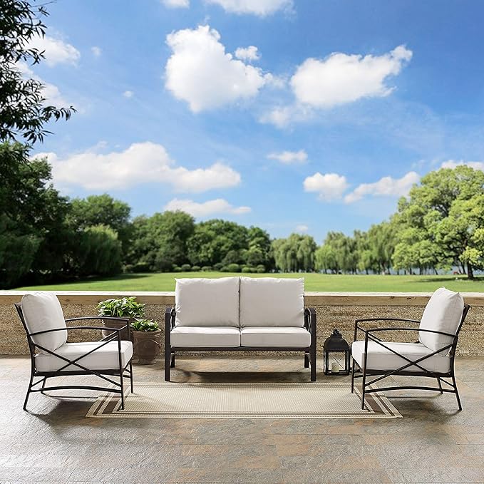 Crosley Furniture Kaplan 3-Piece Outdoor Loveseat Patio Furniture Set, Conversation Sets for Porch, Deck, Oiled Bronze with Oatmeal Cushions