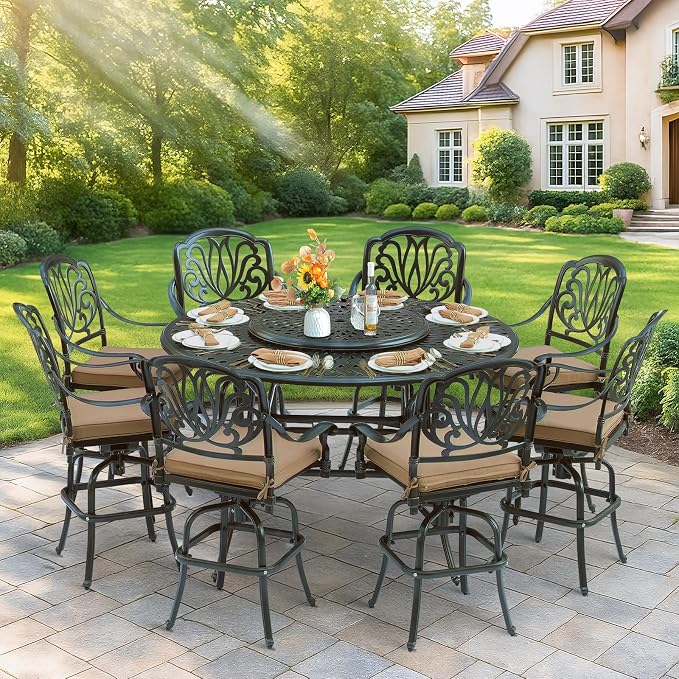 MEETWARM 61" Outdoor High Bar Dining Table for 8 Person, All Weather Cast Aluminum Large Round High Top Dining Table with 31" Lazy Susan, Patio Bar Height Table for Garden Backyard, 2" Umbrella Hole