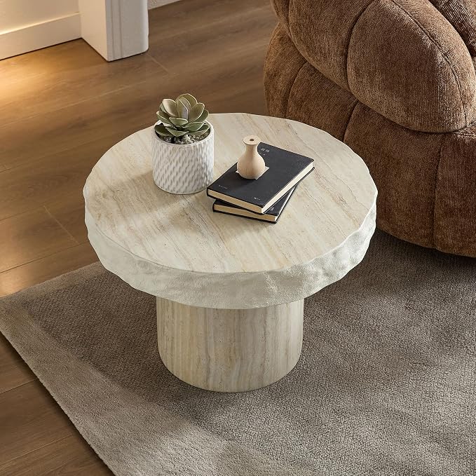 Faux Stone Side Table Faux Marble Round End Table Patio Small Drink Table for Small Spaces, Mrushroom Side Tables with Pedestal, Modern Nightstand for Living Room Bedroom Corners Office,Beige