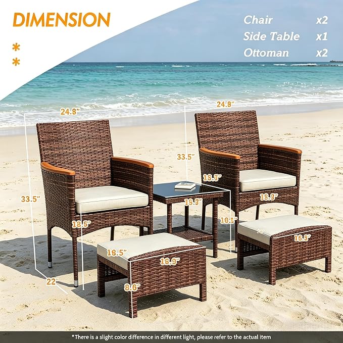 5Pcs Patio Furniture Sets Rattan Patio Chair Set of 5 Outdoor with Coffee Glass Table & Ottoman for Yard Backyard Lawn Porch Poolside Balcony (Brown and Khaki)