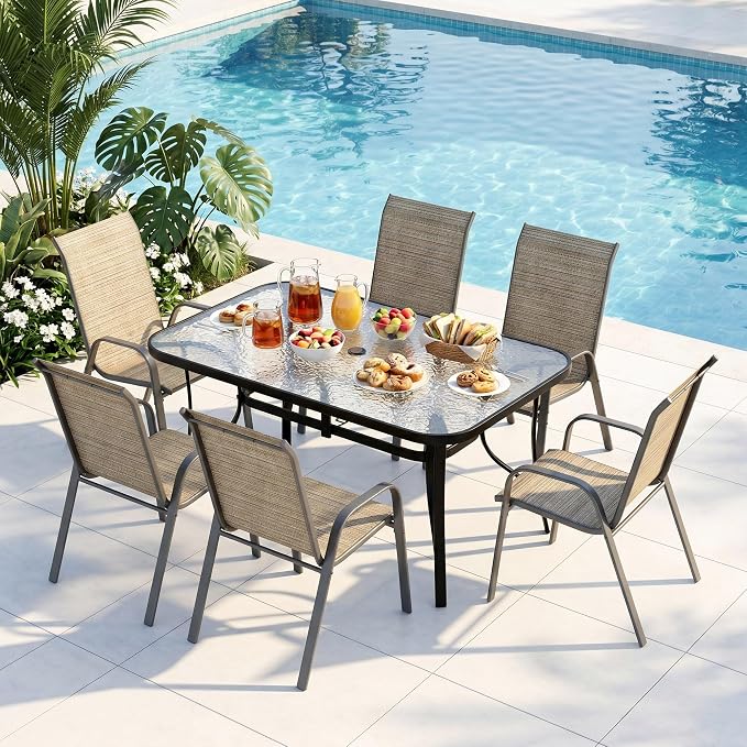 Arlopu 7-Piece Outdoor Table and Chairs for 6, Outdoor Dining Set W/Rectangle Glass Table and Patio Textilene Stackable Chairs, Patio Furniture Set W/Umbrella Hole (Black Table & Brown Chair)