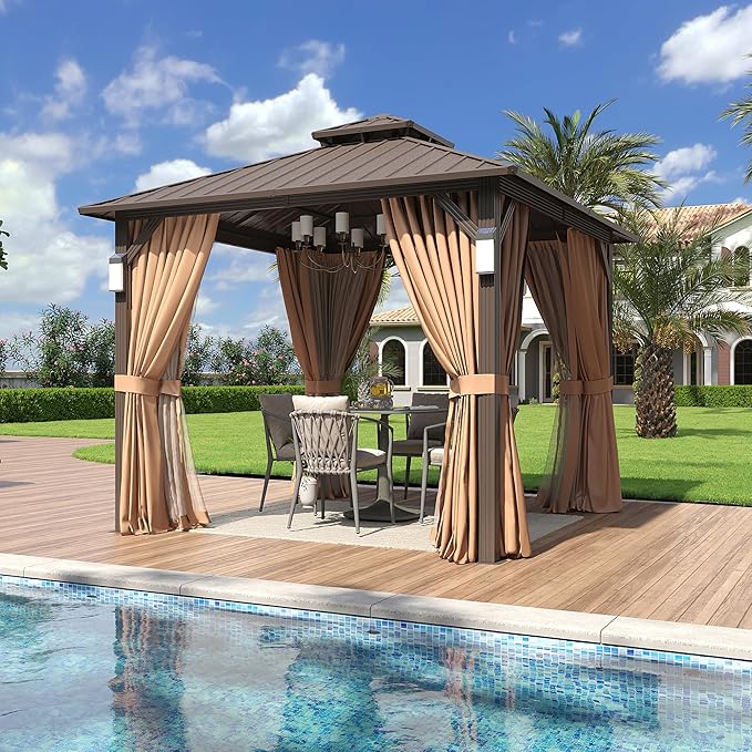 Aoxun 10'x10' Hardtop Gazebo with 4 LED Lights, Outdoor Gazebo with Galvanized Steel Double Roof, Patio Gazebo with Breathable Netting & Privacy Curtain, Decor Hooks for Backyard, Brown