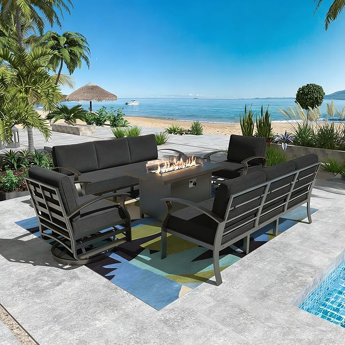 Gotland Aluminum Patio Furniture Set with Fire Pit Table, Metal Patio Furniture with 2 Swivel Rocking Chairs Waterproof 5.1'' Seat Cushions, Oversized Outdoor Sectional for Garden Balcony Porch Black