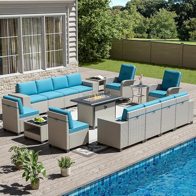 16-Piece Outdoor Patio Furniture Set, Modular Sectional Sofa Set with Swivel Rocker Chairs & Fire Pit, Wicker Outdoor Couch Conversation Sets w/Coffee Table and Cushions, Turquoise