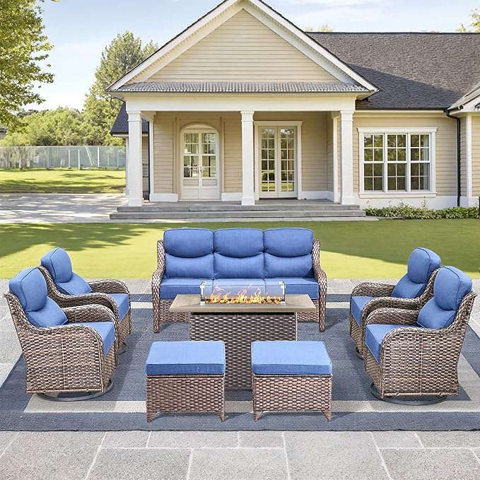 Luxury High Back Outdoor Furniture 6-Inch Thick Cushions with 50,000 BTU Gas Propane Fire Pit Tablet, Patio Furniture Set with Swivel Chairs, 8 PCS for Porch, Balcony, Deck and Yard