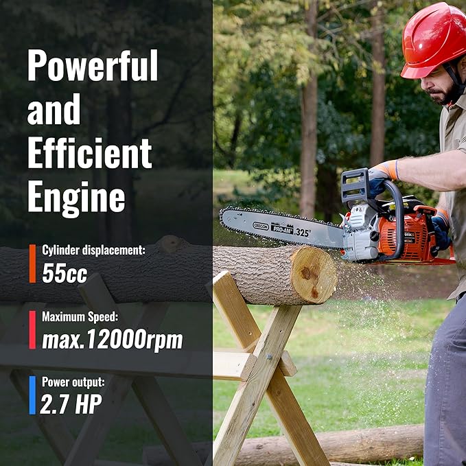 55CC Gas Chainsaw Powered With 2-Cycle Engine 20 Inch Handheld Chain Saw Gas With Automatic Oiler For Tree Trimming Wood Cutting and Land Clearing