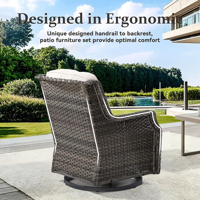 Outdoor Wicker Chairs Set of 2, Patio Swivel Rattan Chair with Wide Armrest and Thick Cushions, Ideal for Backyard, Garden, Poolside, Beige