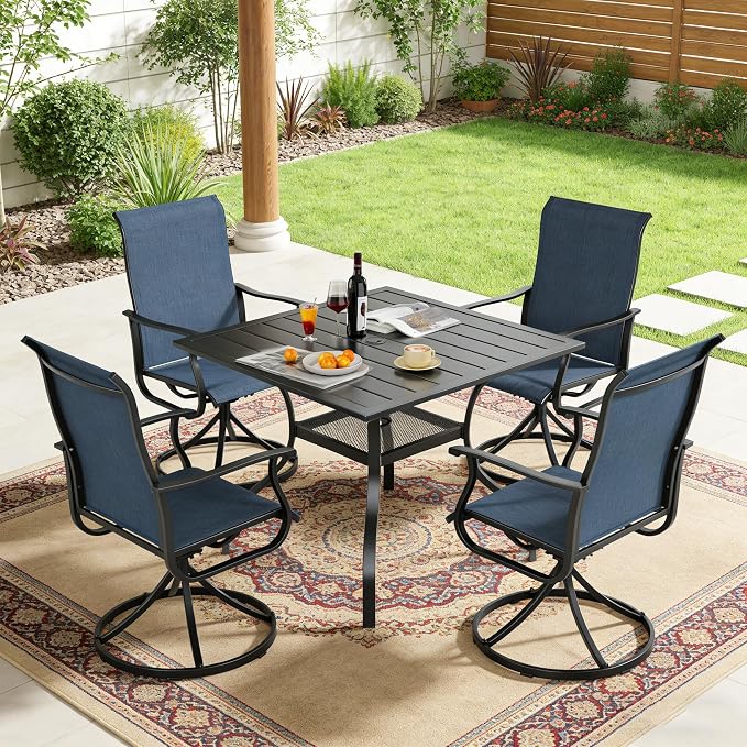 SUNCROWN 5-Piece Outdoor Patio Dining Set, All Weather Square Metal Table & 4 Dark Blue Swivel Textilene Mesh Chairs, Weather Resistant Patio Furniture for Deck Lawn Garden Backyard Poolside