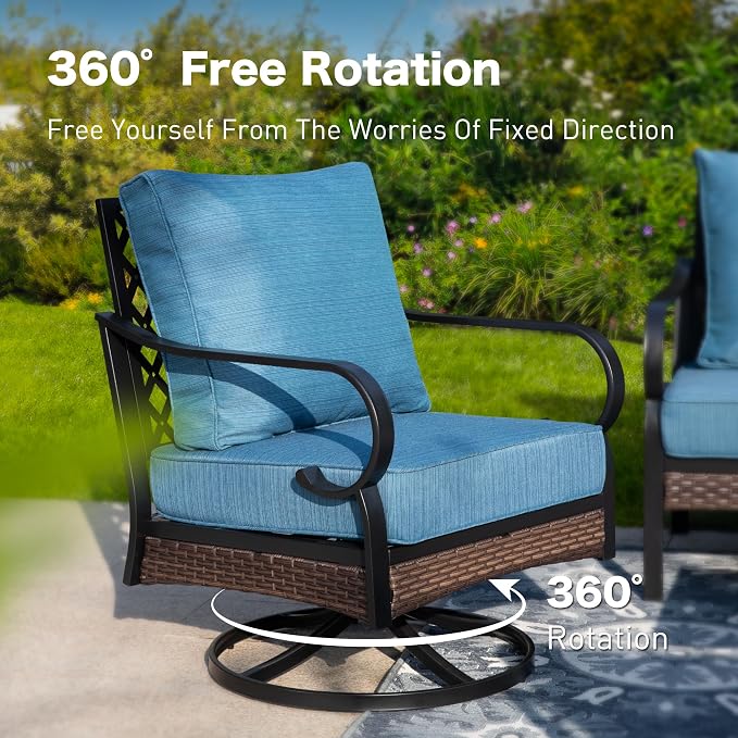SUNSHINE VALLEY 4 Piece Black Metal Outdoor Patio Furniture Sets with Firepit Table, Patio Conversation Sets 1 3-Seater Sofa, 2 Swivel Sofa with 5.75" Thick Cushion Backyard Furniture for Deck, Blue-2